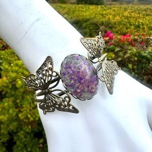 Filagree butterfly open cuff purple flower bracelet